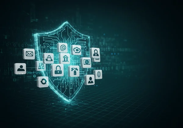 Abstract shield protecting various digital accounts and data.