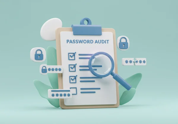A stylized checklist icon with a magnifying glass over passwords.