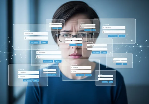 Person feeling overwhelmed by many password login screens