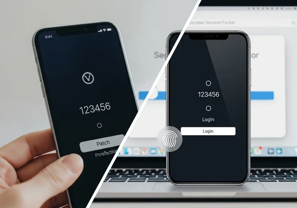 Smartphone showing 2FA code protecting a laptop login