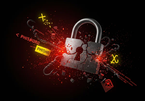 Illustration of digital lock under cyber attack, weak passwords risk