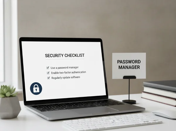 Secure account checklist on laptop desk